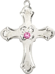 [6037SS2-STN10] Sterling Silver Cross Medal with a 3mm Rose Swarovski stone