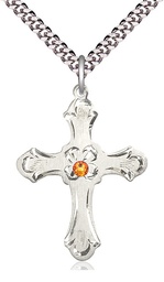 [6037SS2-STN11/24S] Sterling Silver Cross Pendant with a 3mm Topaz Swarovski stone on a 24 inch Light Rhodium Heavy Curb chain