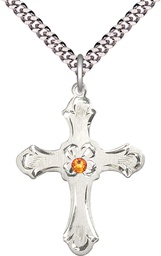 [6037SS2-STN11/24S] Sterling Silver Cross Pendant with a 3mm Topaz Swarovski stone on a 24 inch Light Rhodium Heavy Curb chain