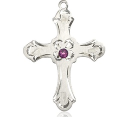 [6037SS2-STN2] Sterling Silver Cross Medal with a 3mm Amethyst Swarovski stone