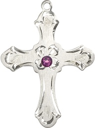 [6037SS2-STN2] Sterling Silver Cross Medal with a 3mm Amethyst Swarovski stone