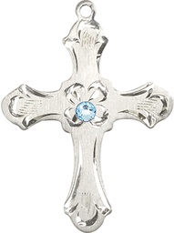 [6037SS2-STN3] Sterling Silver Cross Medal with a 3mm Aqua Swarovski stone