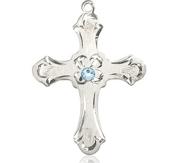 [6037SS2-STN3] Sterling Silver Cross Medal with a 3mm Aqua Swarovski stone