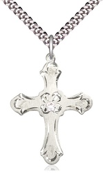 [6037SS2-STN4/24S] Sterling Silver Cross Pendant with a 3mm Crystal Swarovski stone on a 24 inch Light Rhodium Heavy Curb chain