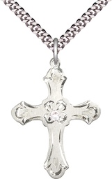 [6037SS2-STN4/24S] Sterling Silver Cross Pendant with a 3mm Crystal Swarovski stone on a 24 inch Light Rhodium Heavy Curb chain