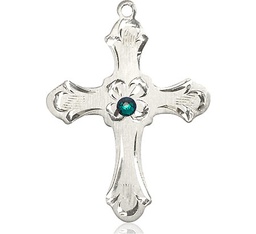 [6037SS2-STN5] Sterling Silver Cross Medal with a 3mm Emerald Swarovski stone