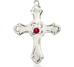 [6037SS2-STN7] Sterling Silver Cross Medal with a 3mm Ruby Swarovski stone