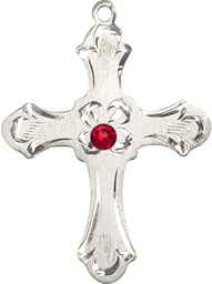 [6037SS2-STN7] Sterling Silver Cross Medal with a 3mm Ruby Swarovski stone