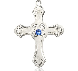 [6037SS2-STN9] Sterling Silver Cross Medal with a 3mm Sapphire Swarovski stone