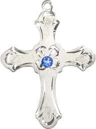 [6037SS2-STN9] Sterling Silver Cross Medal with a 3mm Sapphire Swarovski stone