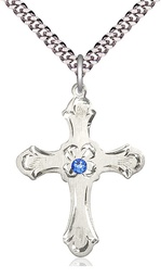 [6037SS2-STN9/24S] Sterling Silver Cross Pendant with a 3mm Sapphire Swarovski stone on a 24 inch Light Rhodium Heavy Curb chain