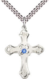 [6037SS2-STN9/24S] Sterling Silver Cross Pendant with a 3mm Sapphire Swarovski stone on a 24 inch Light Rhodium Heavy Curb chain