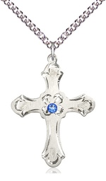 [6037SS2-STN9/24SS] Sterling Silver Cross Pendant with a 3mm Sapphire Swarovski stone on a 24 inch Sterling Silver Heavy Curb chain