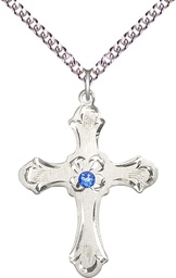 [6037SS2-STN9/24SS] Sterling Silver Cross Pendant with a 3mm Sapphire Swarovski stone on a 24 inch Sterling Silver Heavy Curb chain