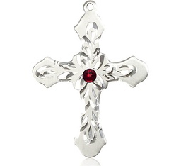 [6037SS3-STN1] Sterling Silver Cross Medal with a 3mm Garnet Swarovski stone