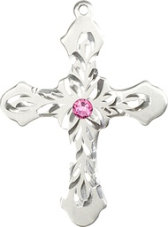 [6037SS3-STN10] Sterling Silver Cross Medal with a 3mm Rose Swarovski stone