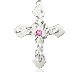 [6037SS3-STN10] Sterling Silver Cross Medal with a 3mm Rose Swarovski stone