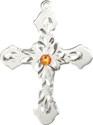 [6037SS3-STN11] Sterling Silver Cross Medal with a 3mm Topaz Swarovski stone