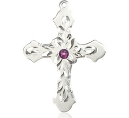 [6037SS3-STN2] Sterling Silver Cross Medal with a 3mm Amethyst Swarovski stone