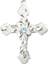 [6037SS3-STN3] Sterling Silver Cross Medal with a 3mm Aqua Swarovski stone