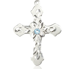 [6037SS3-STN3] Sterling Silver Cross Medal with a 3mm Aqua Swarovski stone