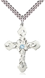 [6037SS3-STN3/24S] Sterling Silver Cross Pendant with a 3mm Aqua Swarovski stone on a 24 inch Light Rhodium Heavy Curb chain