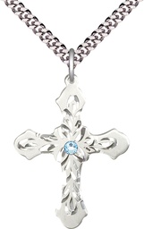 [6037SS3-STN3/24S] Sterling Silver Cross Pendant with a 3mm Aqua Swarovski stone on a 24 inch Light Rhodium Heavy Curb chain