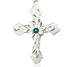 [6037SS3-STN5] Sterling Silver Cross Medal with a 3mm Emerald Swarovski stone