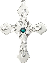 [6037SS3-STN5] Sterling Silver Cross Medal with a 3mm Emerald Swarovski stone