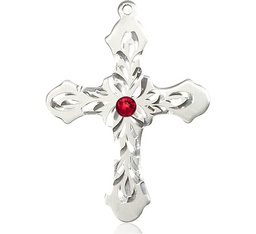 [6037SS3-STN7] Sterling Silver Cross Medal with a 3mm Ruby Swarovski stone