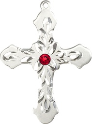 [6037SS3-STN7] Sterling Silver Cross Medal with a 3mm Ruby Swarovski stone