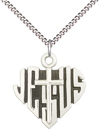 [6042SS/18S] Sterling Silver Heart of Jesus w/Cross Pendant on a 18 inch Light Rhodium Light Curb chain