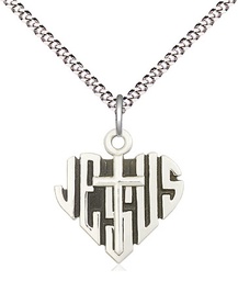 [6043SS/18S] Sterling Silver Heart of Jesus w/Cross Pendant on a 18 inch Light Rhodium Light Curb chain