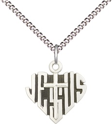 [6043SS/18S] Sterling Silver Heart of Jesus w/Cross Pendant on a 18 inch Light Rhodium Light Curb chain