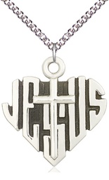 [6044SS/24SS] Sterling Silver Heart of Jesus w/Cross Pendant on a 24 inch Sterling Silver Heavy Curb chain