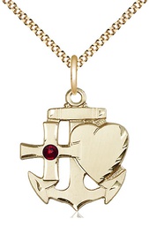 [6045GF-STN1/18G] 14kt Gold Filled Faith, Hope &amp; Charity Pendant with a 3mm Garnet Swarovski stone on a 18 inch Gold Plate Light Curb chain