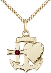 [6045GF-STN1/18G] 14kt Gold Filled Faith, Hope &amp; Charity Pendant with a 3mm Garnet Swarovski stone on a 18 inch Gold Plate Light Curb chain