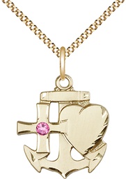 [6045GF-STN10/18G] 14kt Gold Filled Faith, Hope &amp; Charity Pendant with a 3mm Rose Swarovski stone on a 18 inch Gold Plate Light Curb chain