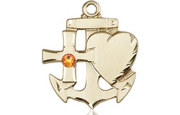 [6045GF-STN11] 14kt Gold Filled Faith, Hope &amp; Charity Medal with a 3mm Topaz Swarovski stone