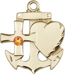 [6045GF-STN11] 14kt Gold Filled Faith, Hope &amp; Charity Medal with a 3mm Topaz Swarovski stone