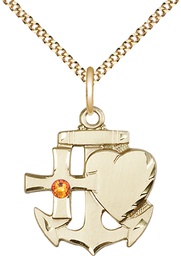 [6045GF-STN11/18G] 14kt Gold Filled Faith, Hope &amp; Charity Pendant with a 3mm Topaz Swarovski stone on a 18 inch Gold Plate Light Curb chain