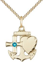 [6045GF-STN12/18G] 14kt Gold Filled Faith, Hope &amp; Charity Pendant with a 3mm Zircon Swarovski stone on a 18 inch Gold Plate Light Curb chain