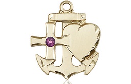 [6045GF-STN2] 14kt Gold Filled Faith, Hope &amp; Charity Medal with a 3mm Amethyst Swarovski stone