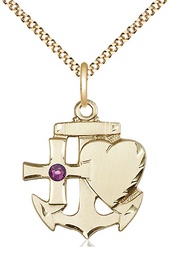 [6045GF-STN2/18G] 14kt Gold Filled Faith, Hope &amp; Charity Pendant with a 3mm Amethyst Swarovski stone on a 18 inch Gold Plate Light Curb chain