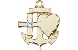 [6045GF-STN3] 14kt Gold Filled Faith, Hope &amp; Charity Medal with a 3mm Aqua Swarovski stone