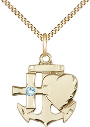 [6045GF-STN3/18G] 14kt Gold Filled Faith, Hope &amp; Charity Pendant with a 3mm Aqua Swarovski stone on a 18 inch Gold Plate Light Curb chain