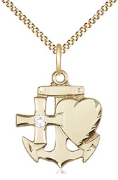 [6045GF-STN4/18G] 14kt Gold Filled Faith, Hope &amp; Charity Pendant with a 3mm Crystal Swarovski stone on a 18 inch Gold Plate Light Curb chain