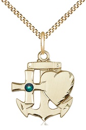 [6045GF-STN5/18G] 14kt Gold Filled Faith, Hope &amp; Charity Pendant with a 3mm Emerald Swarovski stone on a 18 inch Gold Plate Light Curb chain