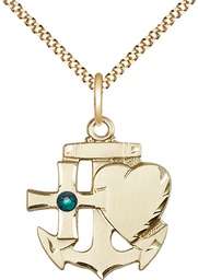 [6045GF-STN5/18G] 14kt Gold Filled Faith, Hope &amp; Charity Pendant with a 3mm Emerald Swarovski stone on a 18 inch Gold Plate Light Curb chain