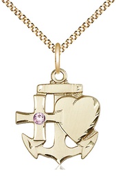 [6045GF-STN6/18G] 14kt Gold Filled Faith, Hope &amp; Charity Pendant with a 3mm Light Amethyst Swarovski stone on a 18 inch Gold Plate Light Curb chain